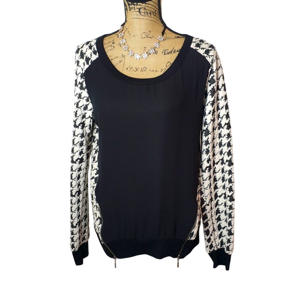 Bobeau Womens L Long Sleeve Zippers Black Cream Houndstooth Top Chic Preppy